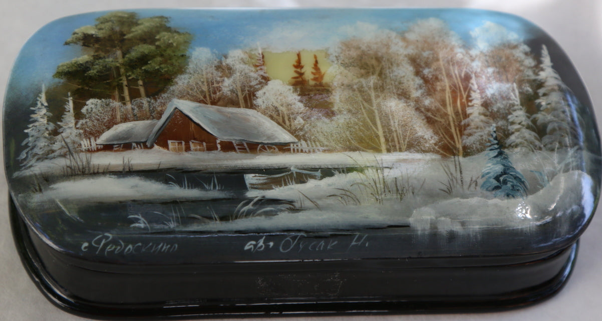 Russian Lacquer Winter discount White Christmas Box Fedoskino with Mother of Pearl Inlay hand painted